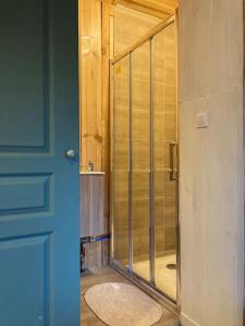 La salle de bains est pourvue d'une douche en verre et d'une porte bleue. dans l'établissement Cabane de charme en pleine forêt - Domaine Temali, à Labouheyre