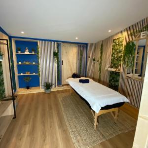 um quarto com uma cama grande e paredes azuis em ST PALAIS Appartement cocooning em Saint-Palais-sur-Mer