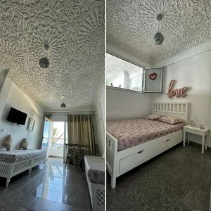 two pictures of a bedroom with a bed and a dining room at Your ¥achting Home in Sousse