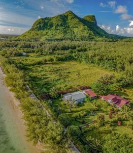 une vue aérienne sur une montagne à côté d'une route dans l'établissement Tavaetu Guesthouse - île de TUBUAI, à Tubuai