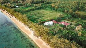 Tavaetu Guesthouse - île de TUBUAI في توبواي: اطلالة جوية على منزل على شاطئ