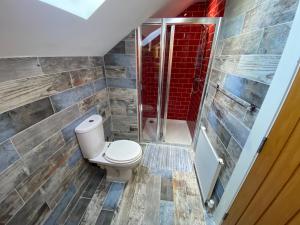 uma casa de banho com um WC e um chuveiro em Sleeps 18 Double Decker Bus Hot Tub Sauna Cinema Pets em Irvinestown