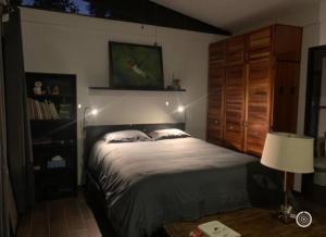 a bedroom with a bed with a lamp and a cabinet at Modern cabin nestled in mountain nature. Paradise! in Orosí