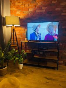 a flat screen tv sitting in a living room with a brick wall at NaturaApart bezpłatny parking in Ostrołęka