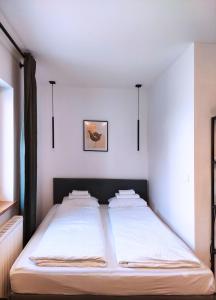 2 Betten in einem Zimmer mit weißen Wänden in der Unterkunft Apartmány Lučina in Veľký Slavkov