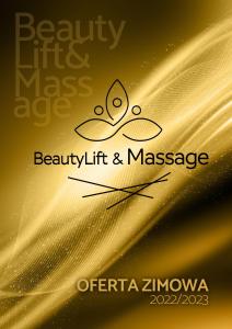 a gold background with a logo for a beauty lift and massage at Gierszówka in Gietrzwałd