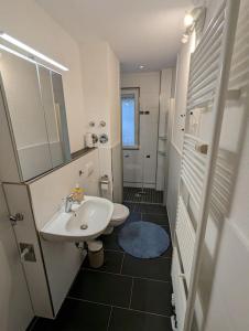 a small bathroom with a sink and a toilet at Ferienwohnung Elbaue in Barby