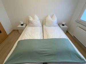 two beds in a small room with two pillows at Ferienwohnung Elbaue in Barby