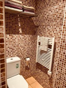a bathroom with a white toilet and brown tiles at Céntrico apartamento a 150 metros de la playa. Parking* in Lloret de Mar