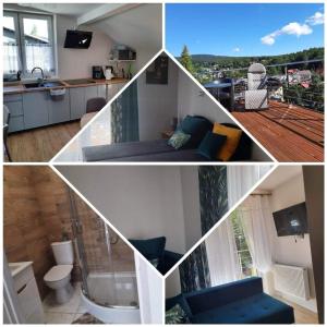 a collage of photos of a kitchen and a living room at Osiakówka in Szklarska Poręba