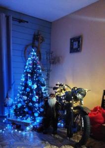 a blue christmas tree with a motorcycle next to it at ZACHAROWA OSELYA in Slavske
