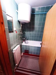a bathroom with blue tiles and a tub and a mirror at Vikendica Luna in Gornja Šišava