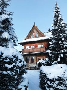 drewniany domek na śniegu z drzewami w obiekcie Willa Staszelówka w Zakopanem