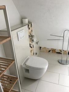 een badkamer met een wit toilet in een kamer bij Ferienwohnung Romantica 1. und 2. OG in Schopfloch
