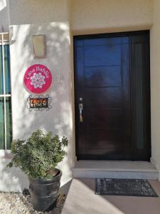 czarne frontowe drzwi domu z doniczką w obiekcie Casa Dahlia w mieście Mazatlán
