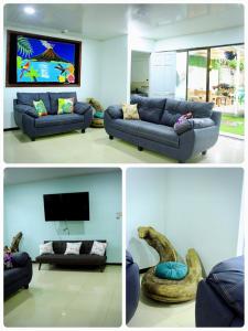 four pictures of a living room with a couch and a tv at CasaLu in Puntarenas