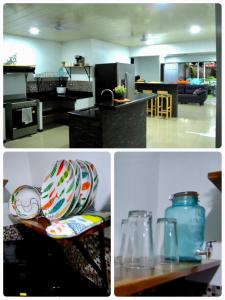 three pictures of a kitchen and a living room at CasaLu in Puntarenas