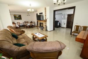 a living room with a couch and a table at Pensiunea ARMONIA in Văleni