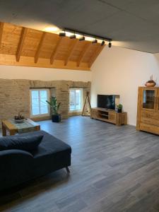 a large living room with a couch and a tv at Ferienwohnung am Wald-und Wiesenkorb in Kell