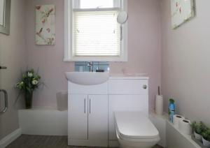 a bathroom with a sink and a toilet and a window at Regent Apartment 1 in Blackpool
