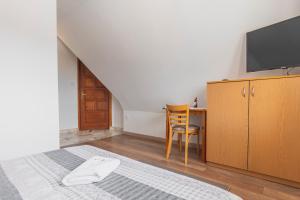 a bedroom with a bed and a tv and a desk at 9 Sił Murowany Dom in Bukowina Tatrzańska