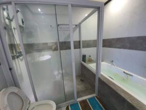 een badkamer met een douche, een toilet en een bad bij Phuenics de galera in Puerto Galera