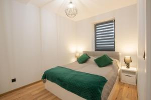 een slaapkamer met een bed met groene lakens en een raam bij Szary Domek in Janowice Wielkie
