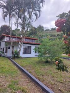 a white house with palm trees in front of it at Your Perfect Home Away From Home! in San Ramón