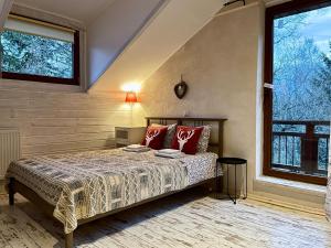 a bedroom with a bed and two windows at Willa Avita in Karpacz