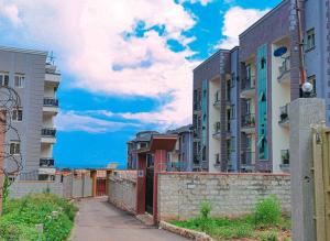 una fila de edificios de apartamentos en una calle de la ciudad en Lima's Vacation 1BR Apt with Wi-Fi & Netflix in Kampala, Namugongo road, en Kampala