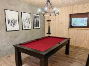 um quarto com uma mesa de bilhar vermelha em Chata Stella em Mengusovce