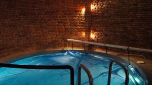 una bañera de hidromasaje en una habitación con una pared de ladrillo en Rybacka Osada en Piecki