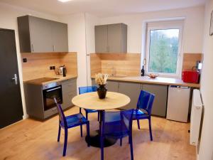 une cuisine avec une table et des chaises en bois ainsi qu'une table et une table dans l'établissement Le nid douillet de Sarreguemines, à Sarreguemines