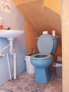 een badkamer met een blauw toilet en een wastafel bij CASA BELINDA in Santiago Atitlán
