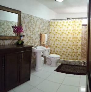 a bathroom with a toilet and a sink and a mirror at Casa en el puerto frente al mar! in San José de Guatemala