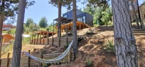 una casa en el bosque con una hamaca delante en Hermosa y cómoda cabaña con vista al lago, en Vichuquén