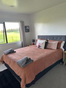 a bedroom with a large bed with a large window at A Place in the Paddock in Matamata