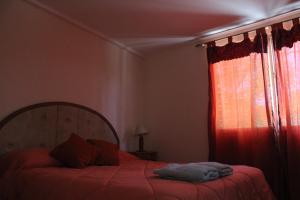 1 dormitorio con 1 cama con cortina roja en Departamento interno zona centro en Viedma