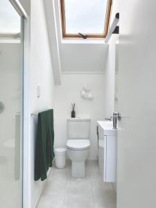 a bathroom with a toilet and a sink and a window at The Loft Matua in Tauranga