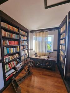 ein Zimmer mit mehreren Bücherregalen voller Bücher in der Unterkunft Locuința extraodinară cu șemineu ,grădina , foișor in Breaza