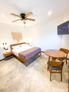 a bedroom with a bed and a table and a tv at Balam Suites in Playa del Carmen