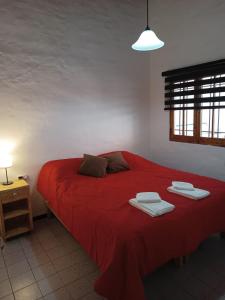 1 dormitorio con 1 cama roja y 2 toallas en HERMOSA CASA en la mejor zona de SAN RAFAEL en San Rafael