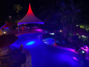 a swimming pool lit up at night with purple lights at Casa Aba Matapalo in Matapalo