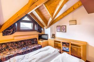 a bedroom with a bed and a desk with a television at Hotel Cristiania in Madonna di Campiglio