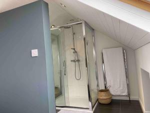 bagno con doccia e box doccia in vetro di Modern holiday home with sea view- close to beach a Portstewart