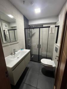 a bathroom with a shower and a sink and a toilet at Seher HOTEL in Istanbul