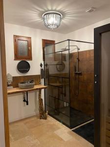 y baño con ducha acristalada y lavamanos. en Gîte privé avec sauna et balnéo en Brens