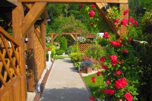 un jardín con flores rojas y una pasarela de madera en Penzion u Balcarky, en Ostrov u Macochy