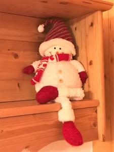 a red and white teddy bear sitting on a shelf at Appt T2 Cabine 4-6 personnes au pied des pistes in Orcières