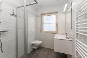 uma casa de banho branca com um WC e um lavatório em Salzkristall - Ferienwohnung em Haus im Ennstal